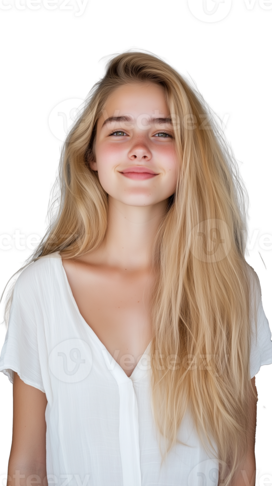 Portrait of young blonde woman with casual attire, smiling confidently, isolated on a transparent background png