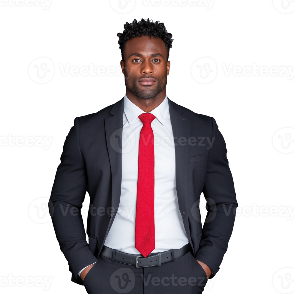 Confident young businessman in formal black suit and red tie standing against transparent background png
