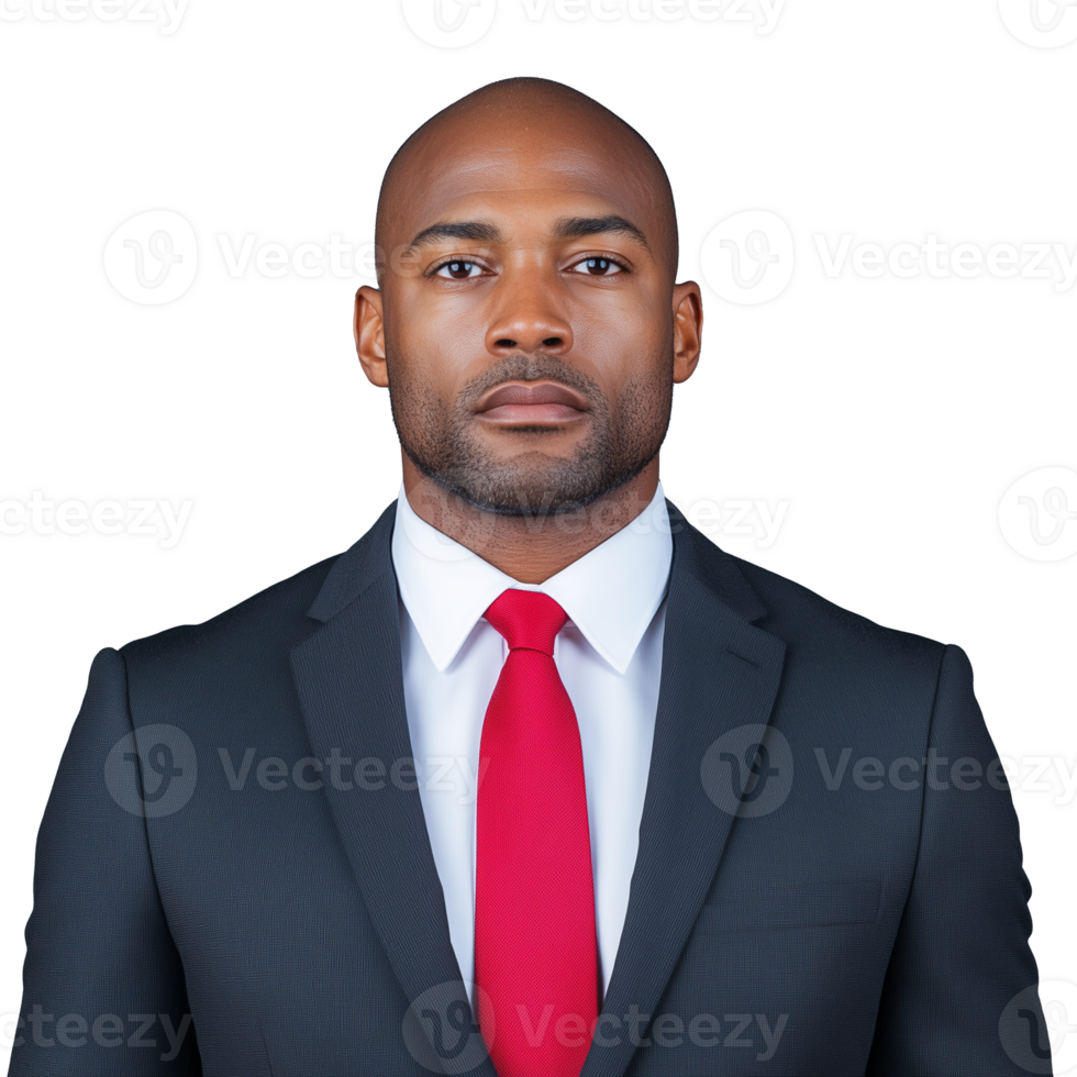 Serious bald businessman in black suit with red tie on transparent background png