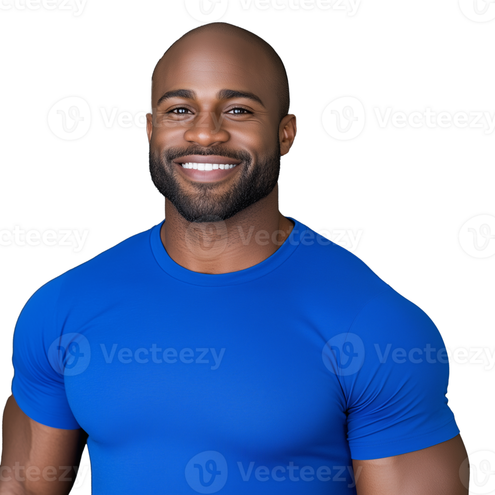 Close-up of bald smiling man in blue casual shirt with transparent background png