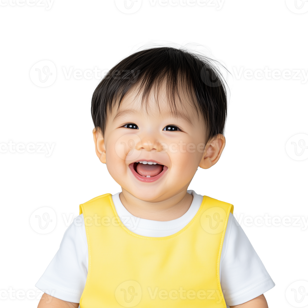 Happy toddler in yellow overalls smiling with joy on transparent background png