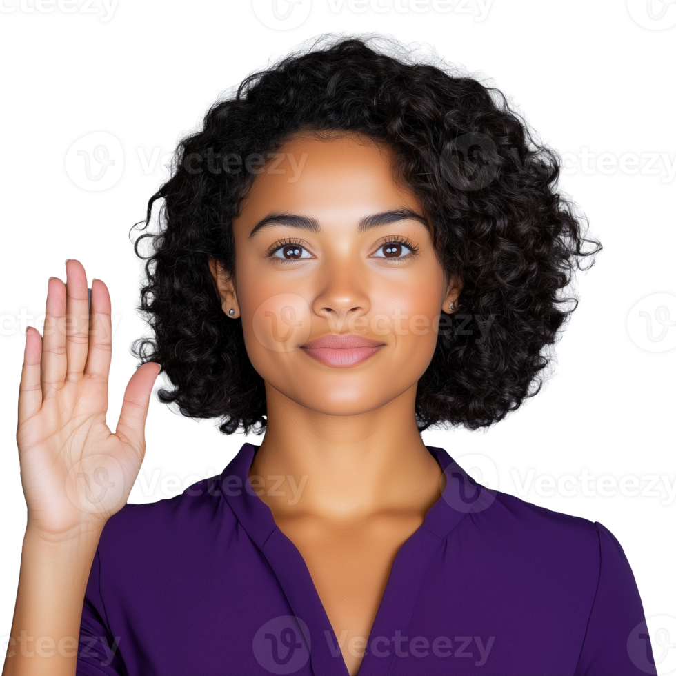 Close-up of woman with curly black hair in purple top on transparent background png