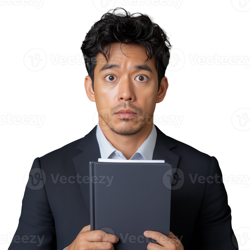 Surprised man in dark suit holding notebook with wide-eyed expression on transparent background png