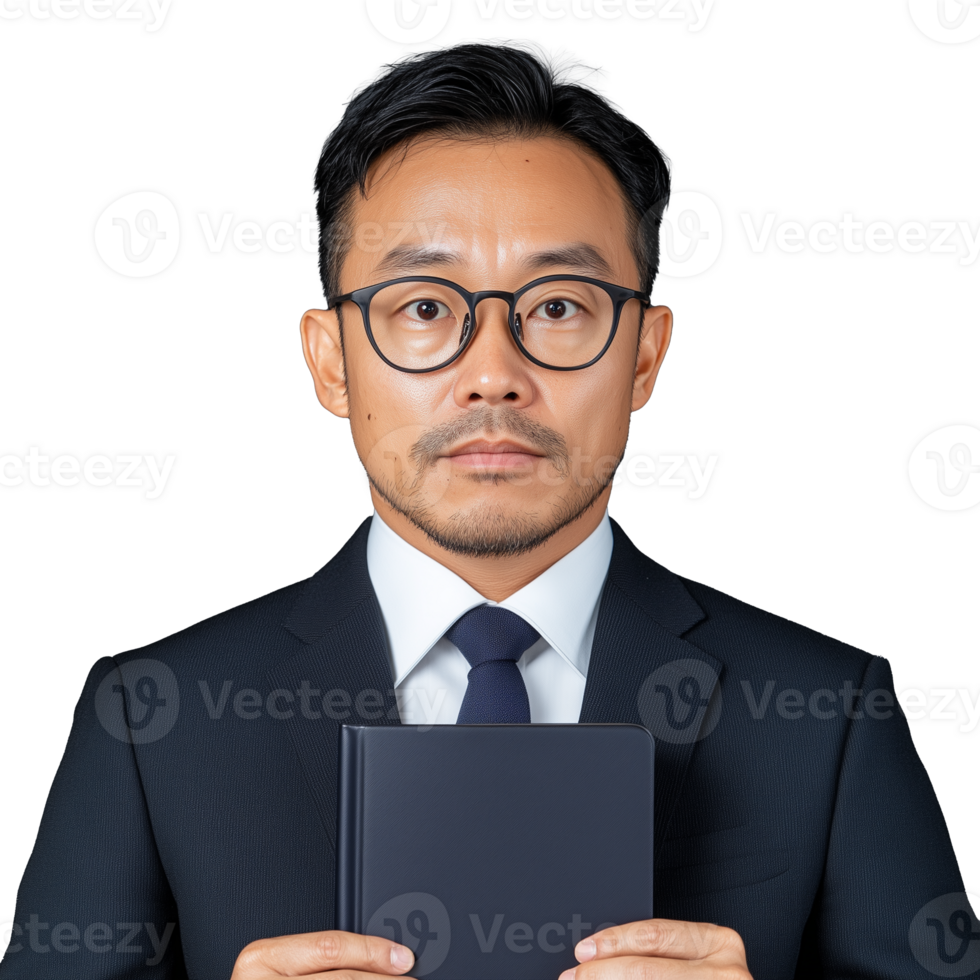 Serious man in dark suit and glasses holding notebook on transparent background png
