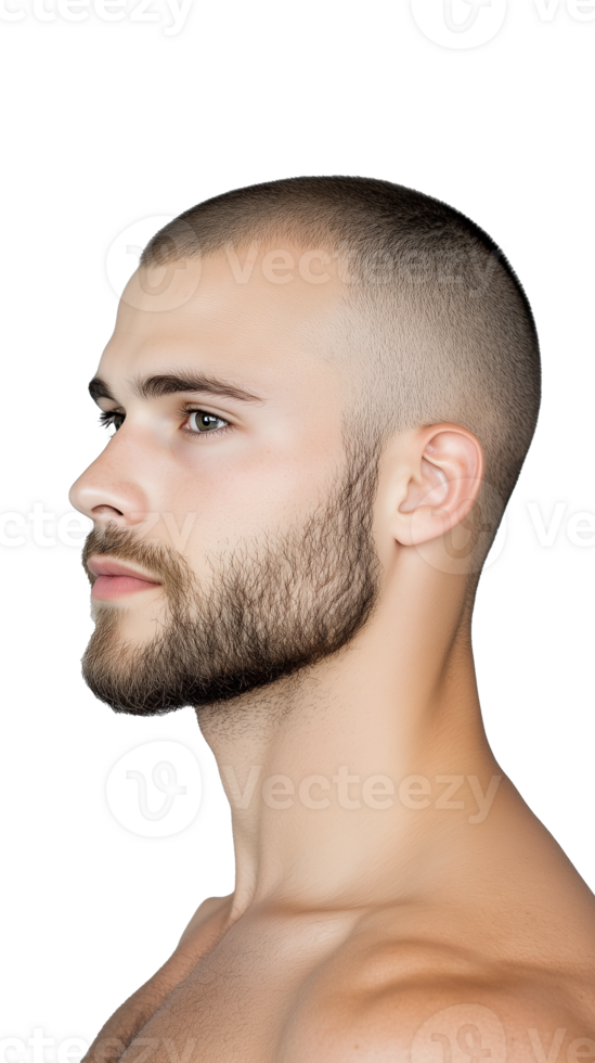Side profile of young man with shaved head and beard looking forward on transparent background png