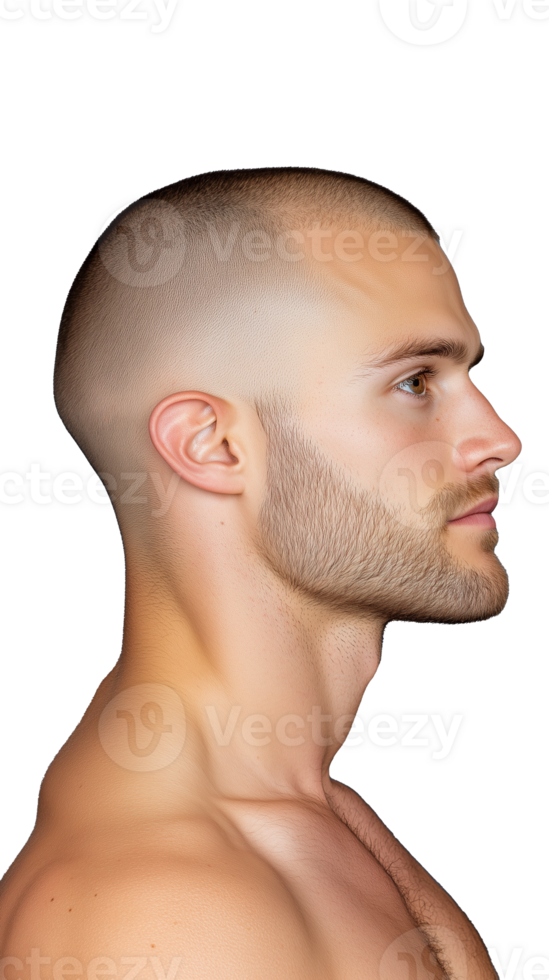 Side view of young man with close-cropped hair and beard on transparent background png