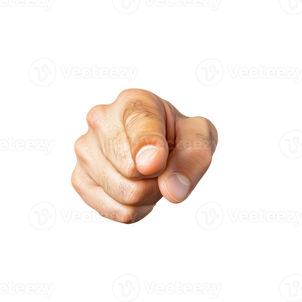 Hand with index finger pointing directly at viewer on transparent background png