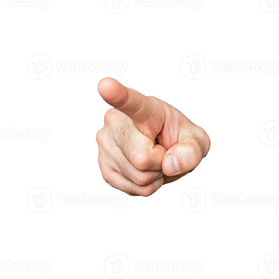 Hand making pointing gesture with extended index finger on transparent background png