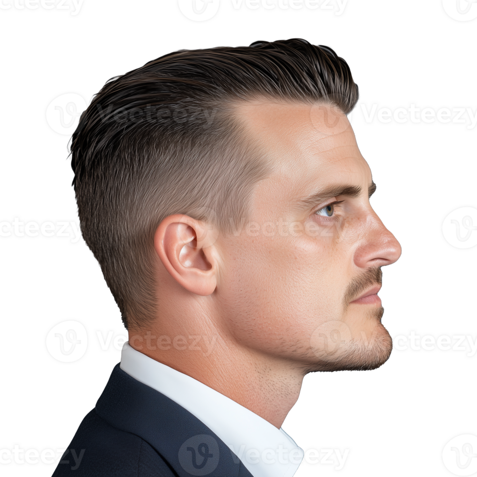 Side profile of man with short side-parted hair on transparent background png