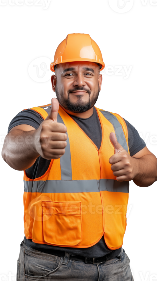 Smiling construction worker in orange vest and hard hat giving thumbs up on transparent background png