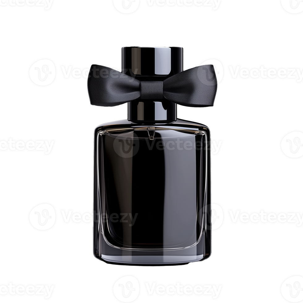 Black perfume bottle with bow and sleek design on transparent background png