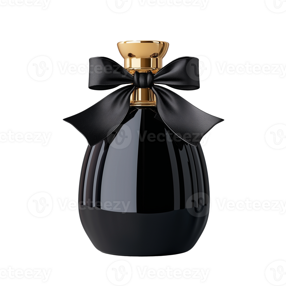 Black and gold perfume bottle with decorative bow on transparent background 52239991 PNG
