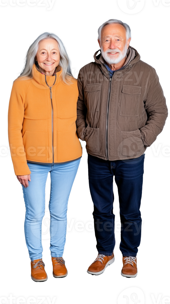 Senior couple standing together, smiling and embracing, on transparent background png