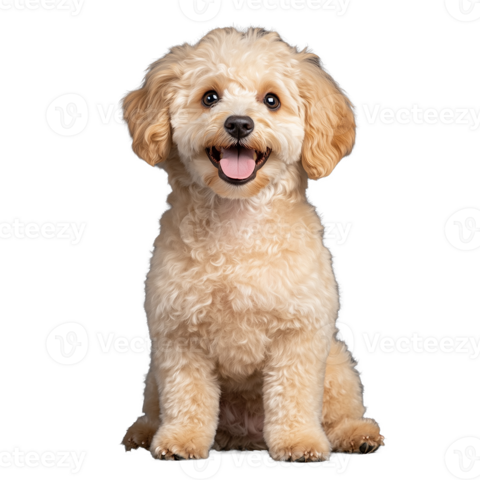 Fluffy light brown dog with curly fur sitting and smiling on transparent background png