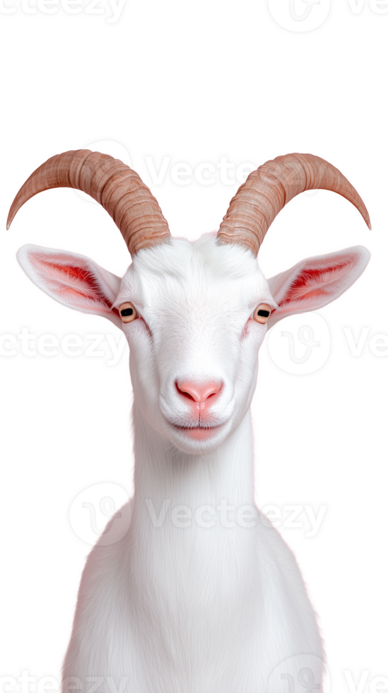 White goat with curved horns looking forward on transparent background png