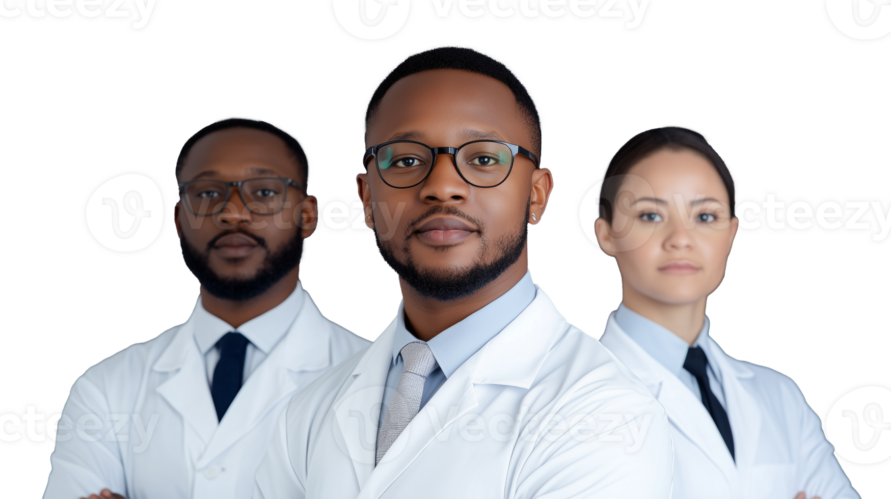 Group of diverse doctors in white coats posing together on transparent background png