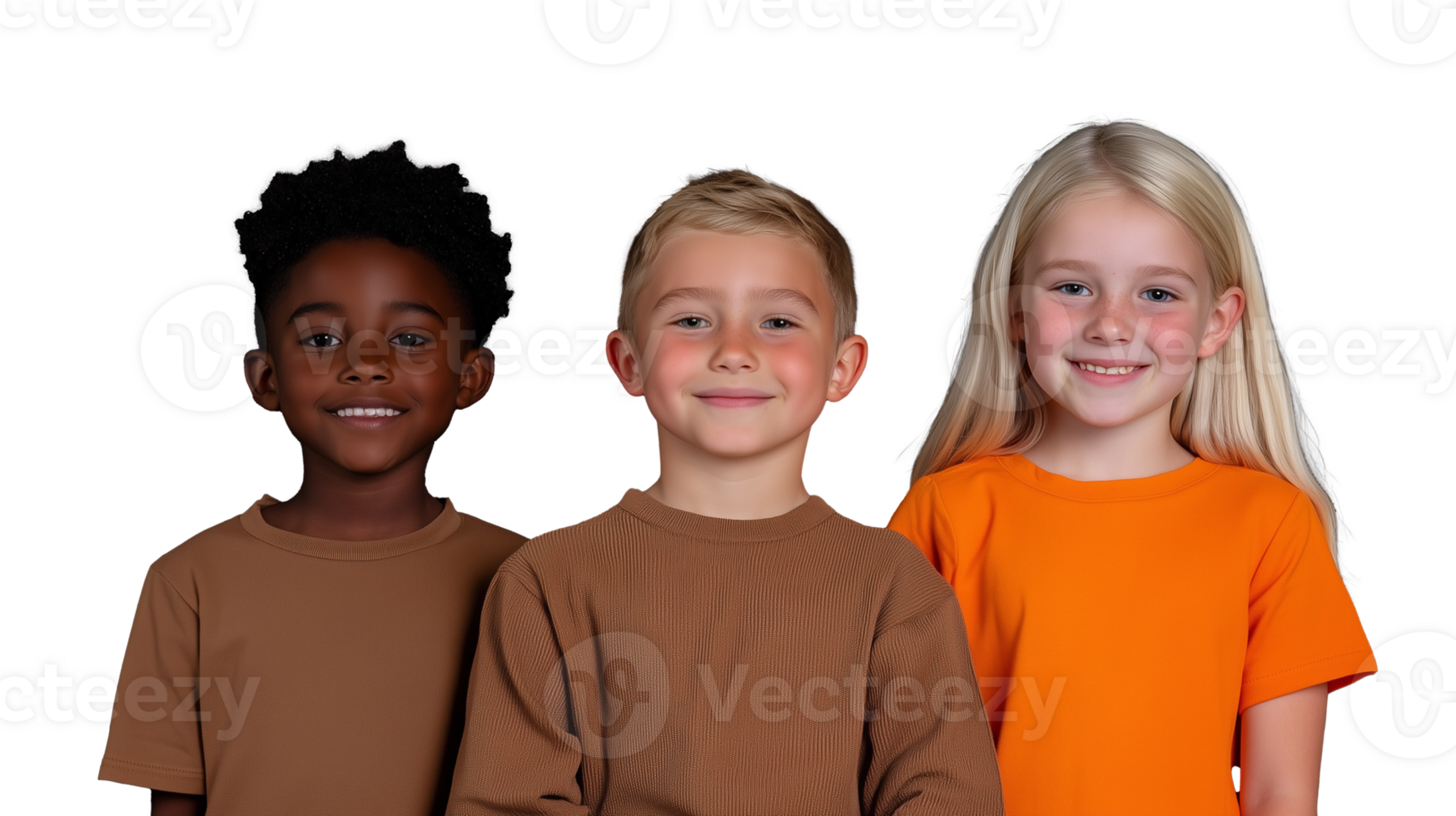 Portrait of three young children of different ethnicities standing together on transparent background png