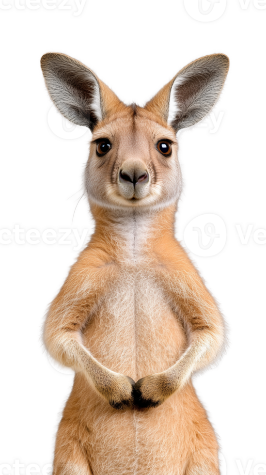 Young kangaroo with front paws together and attentive look on transparent background png