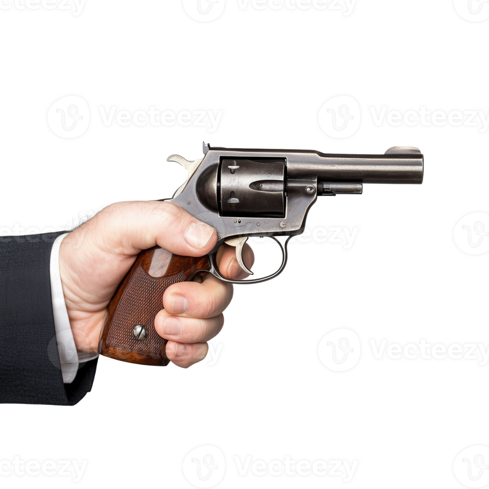 Hand holding silver revolver pointing to the side on transparent background png