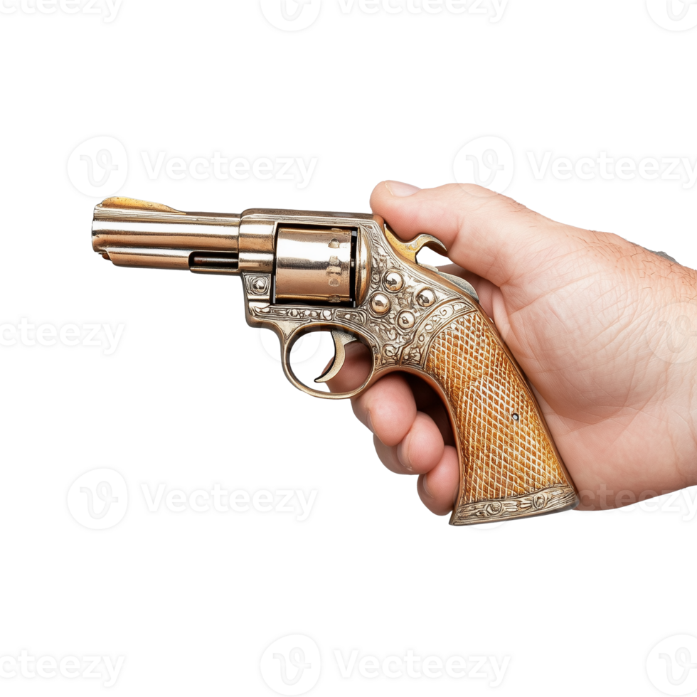 Hand holding classic revolver with wooden grip on transparent background png