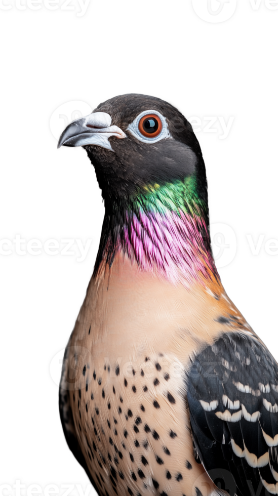 Portrait of colorful pigeon with iridescent feathers on transparent background png
