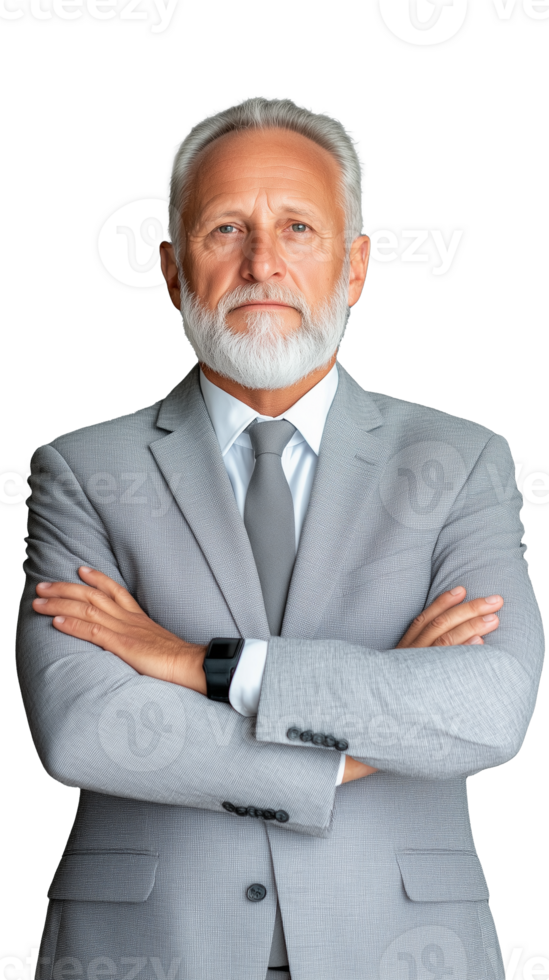 Confident senior man in gray suit with arms crossed on transparent background png