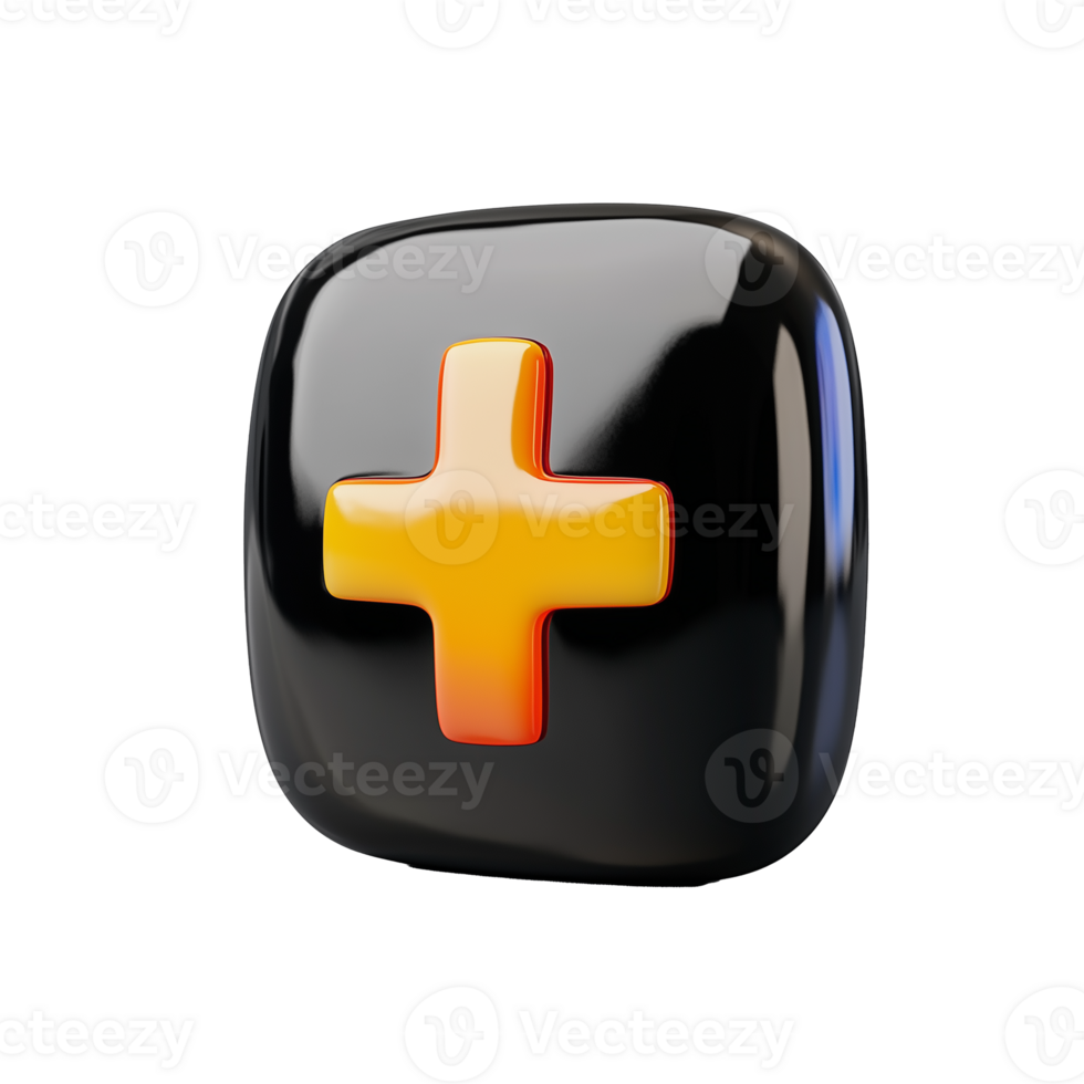 Black square icon with glossy orange plus on transparent background png