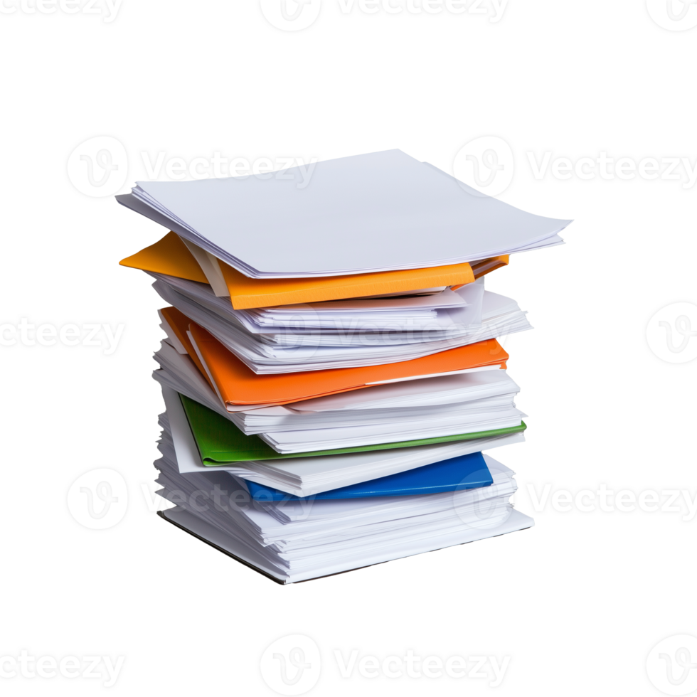 Stack of documents and file folders with assorted colors on transparent background png