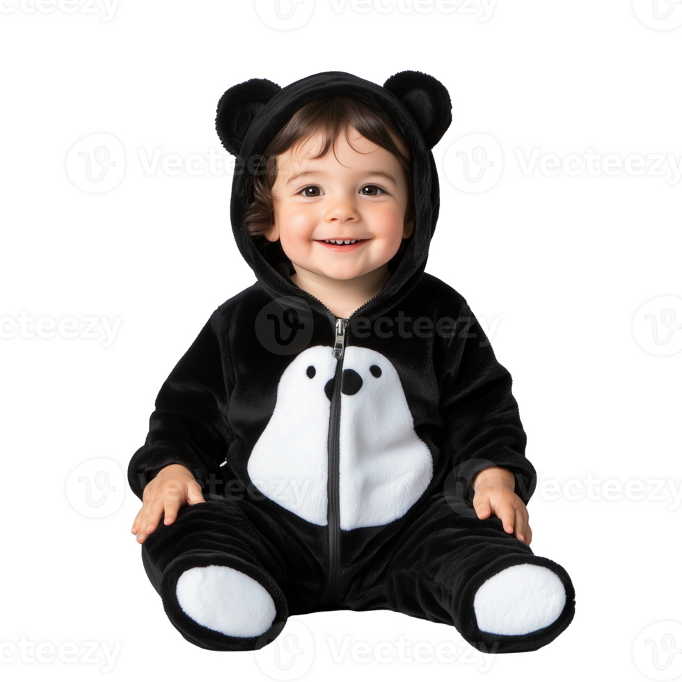 Baby in a black and white penguin costume smiling on transparent background png