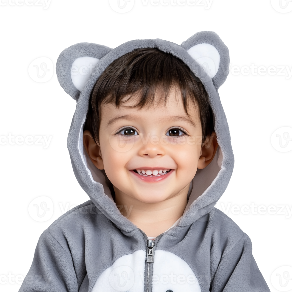 Smiling child in gray bear hoodie with ears on transparent background png