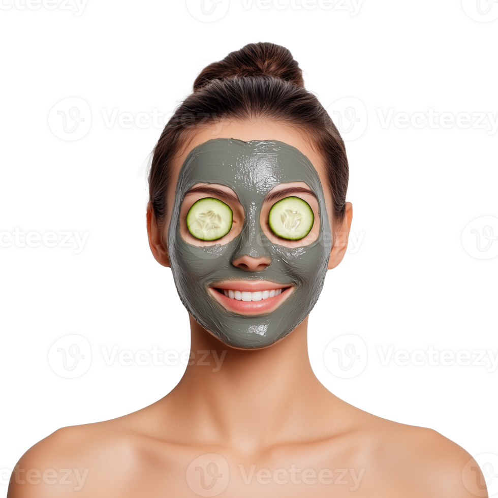 Woman with green clay facial mask and cucumber slices on eyes on transparent background png