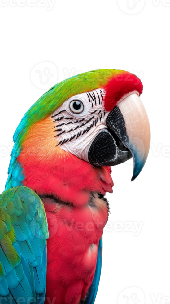 Close-up of a red, yellow, green parrot in profile on transparent background png