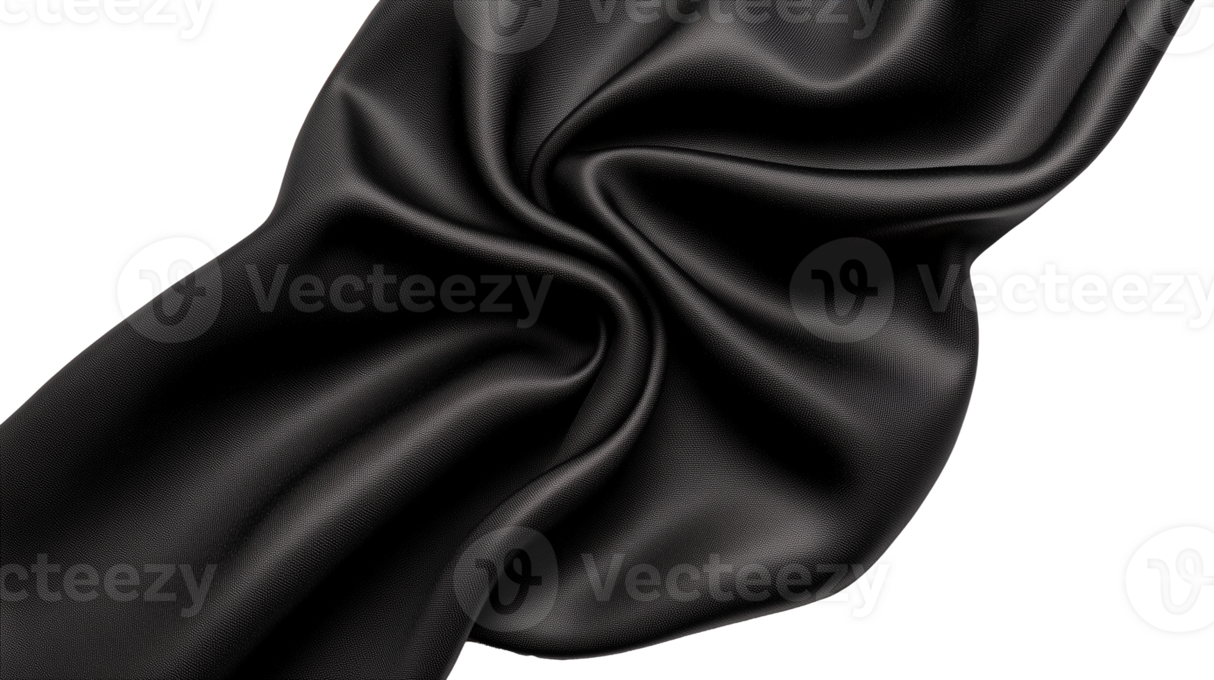 Black silky fabric folded into flowing waves on transparent background png