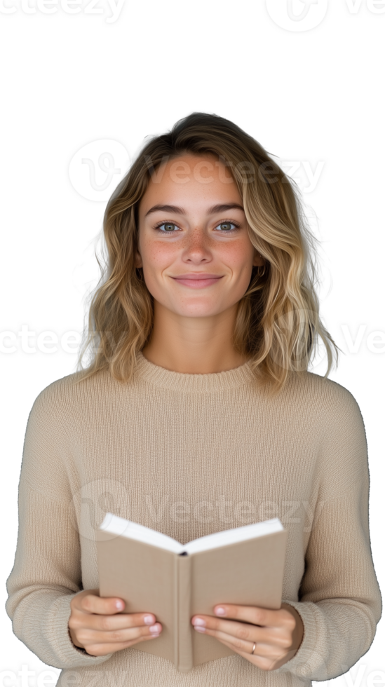 Smiling young woman holding a white book on transparent background png