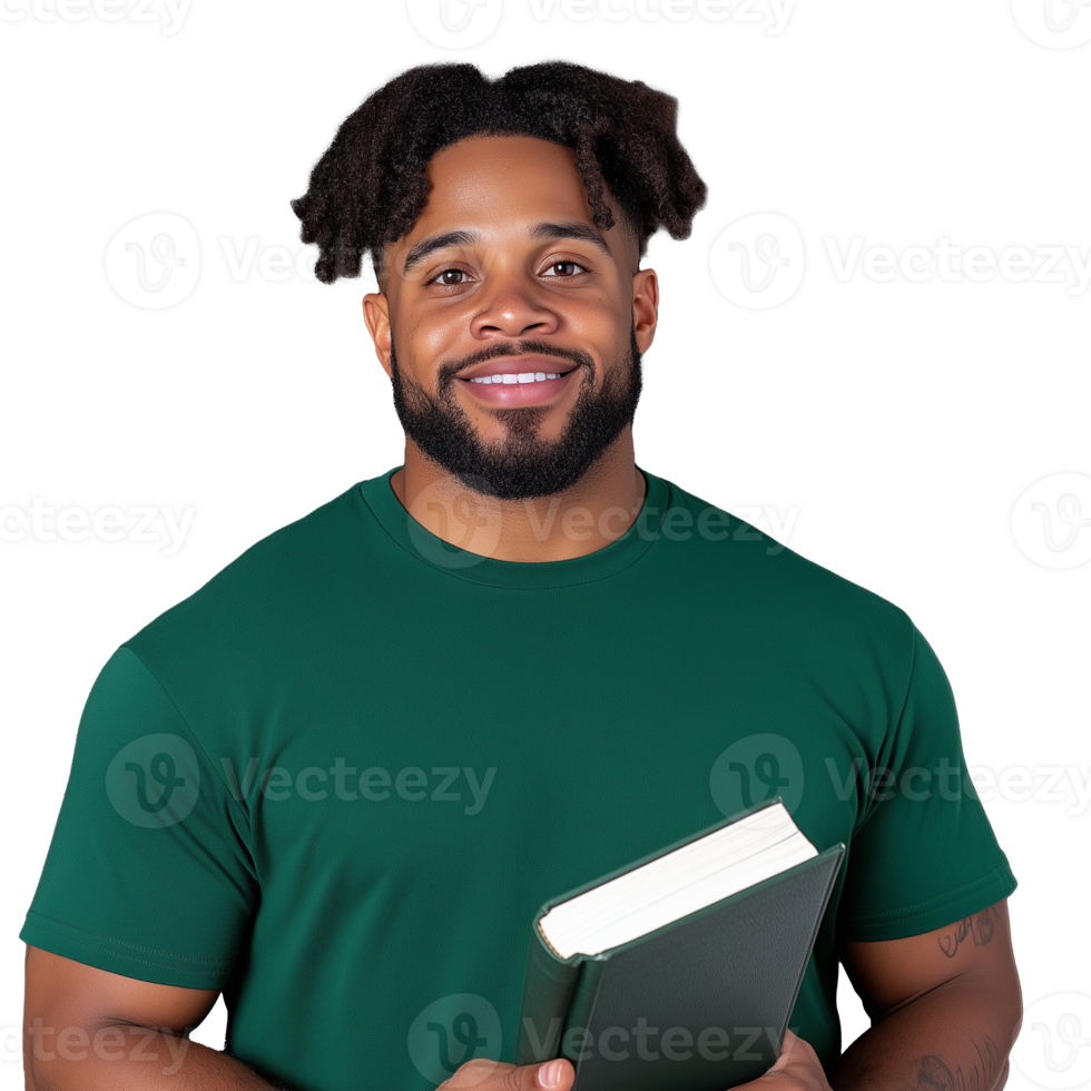 Smiling man in green shirt holding a green book on transparent background png