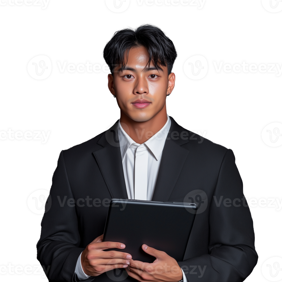 Young man in suit holding a tablet on transparent background png