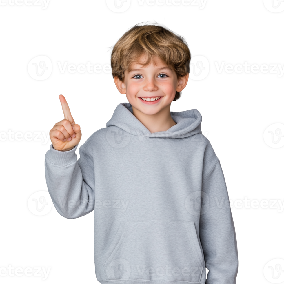 Cheerful young boy in gray hoodie giving thumbs-up on transparent background png