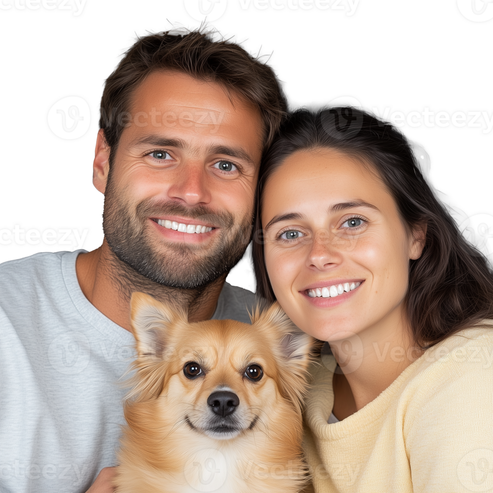 Smiling couple with small brown dog on transparent background png