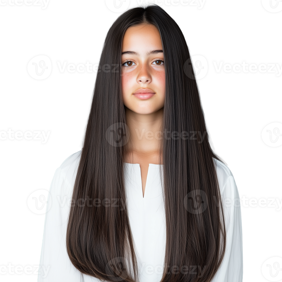 Portrait of young woman with long straight hair on transparent background png