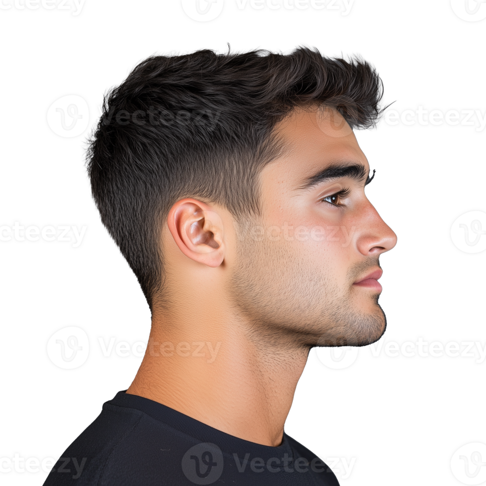 Side view of young man with short dark hair on transparent background png