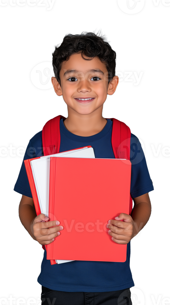Smiling young boy with red notebook in hands on transparent background png