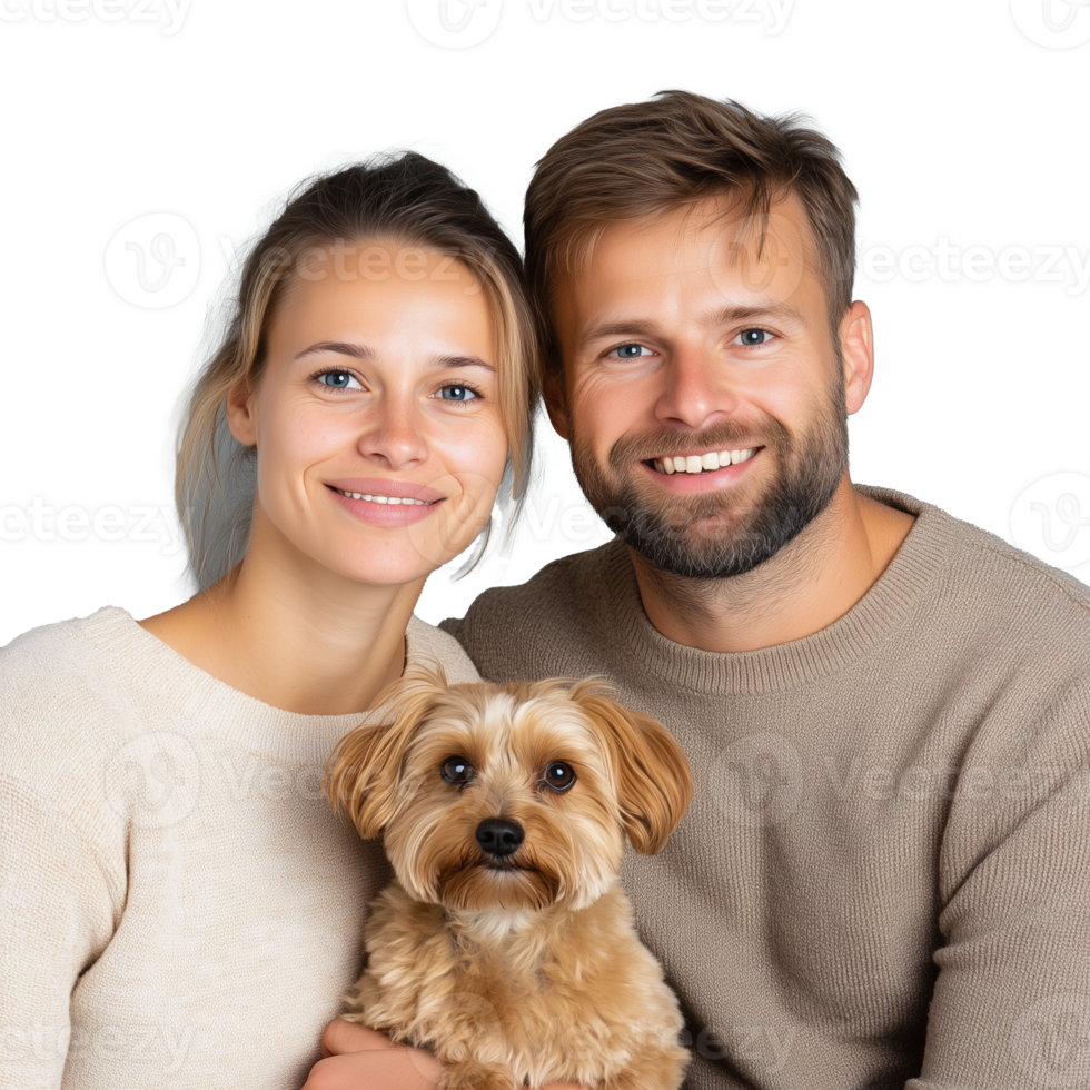 Smiling couple holding small brown dog on transparent background png