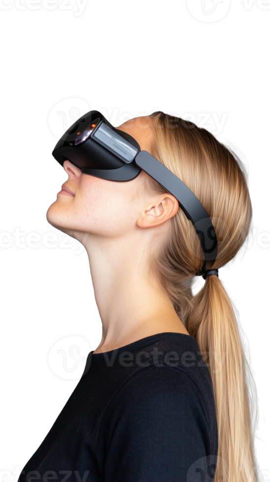 Profile of woman with ponytail wearing VR headset on transparent background png