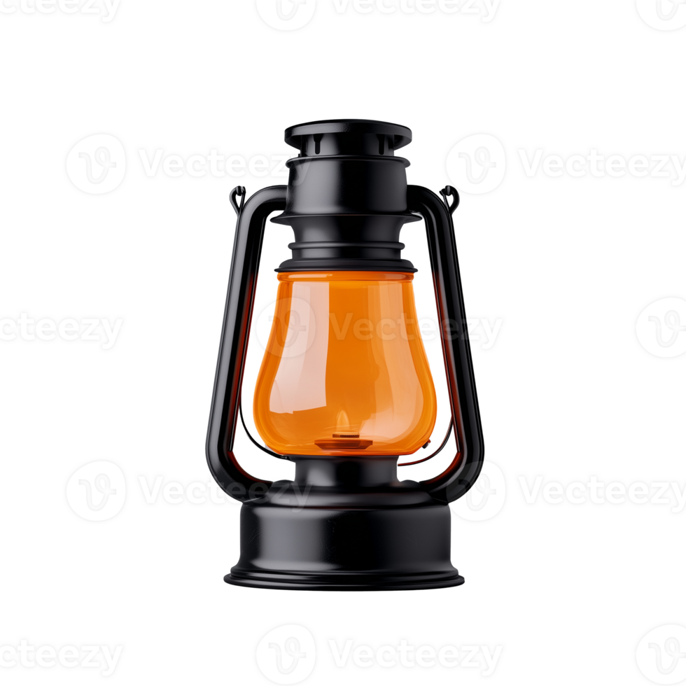Black lantern with warm orange glow on transparent background png