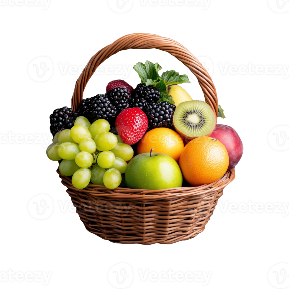 Wicker fruit basket with assorted fresh fruits on transparent background png