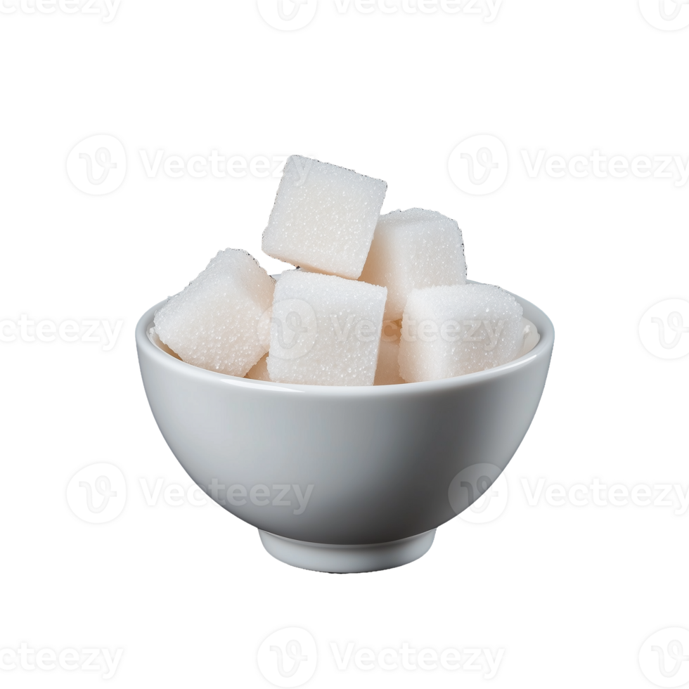 White ceramic bowl with sugar cubes on transparent background png