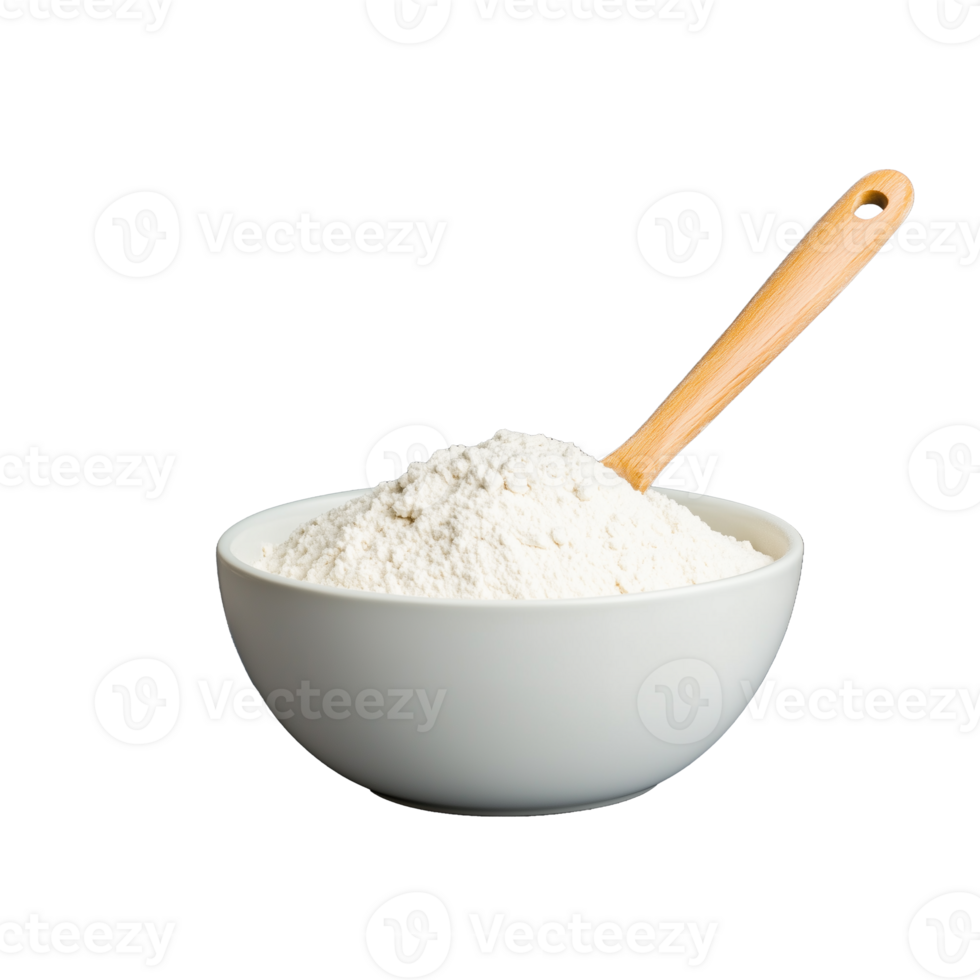 White ceramic bowl filled with flour and wooden spoon on transparent background png