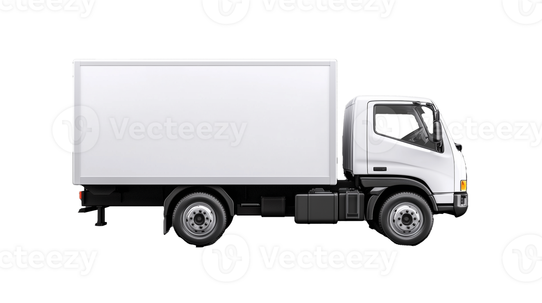 Small white delivery truck with cab and cargo area on transparent background png