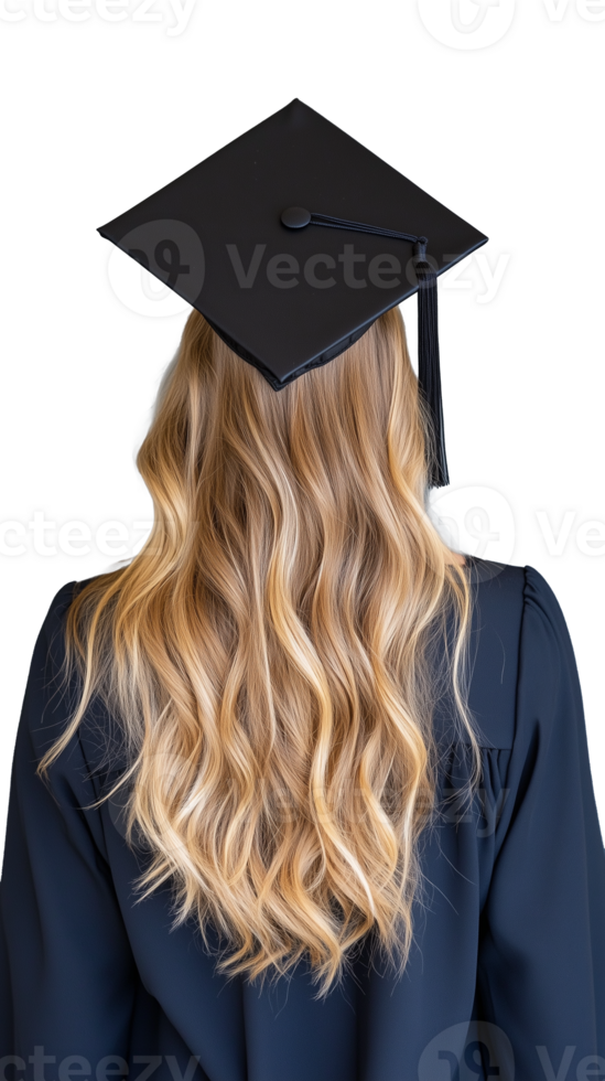 Rear view of blonde graduate with cap and gown on transparent background png