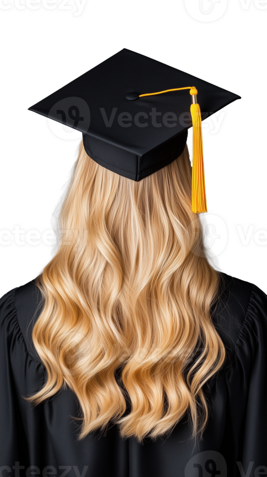 Female graduate with cap, blonde wavy hair and gown on transparent background png